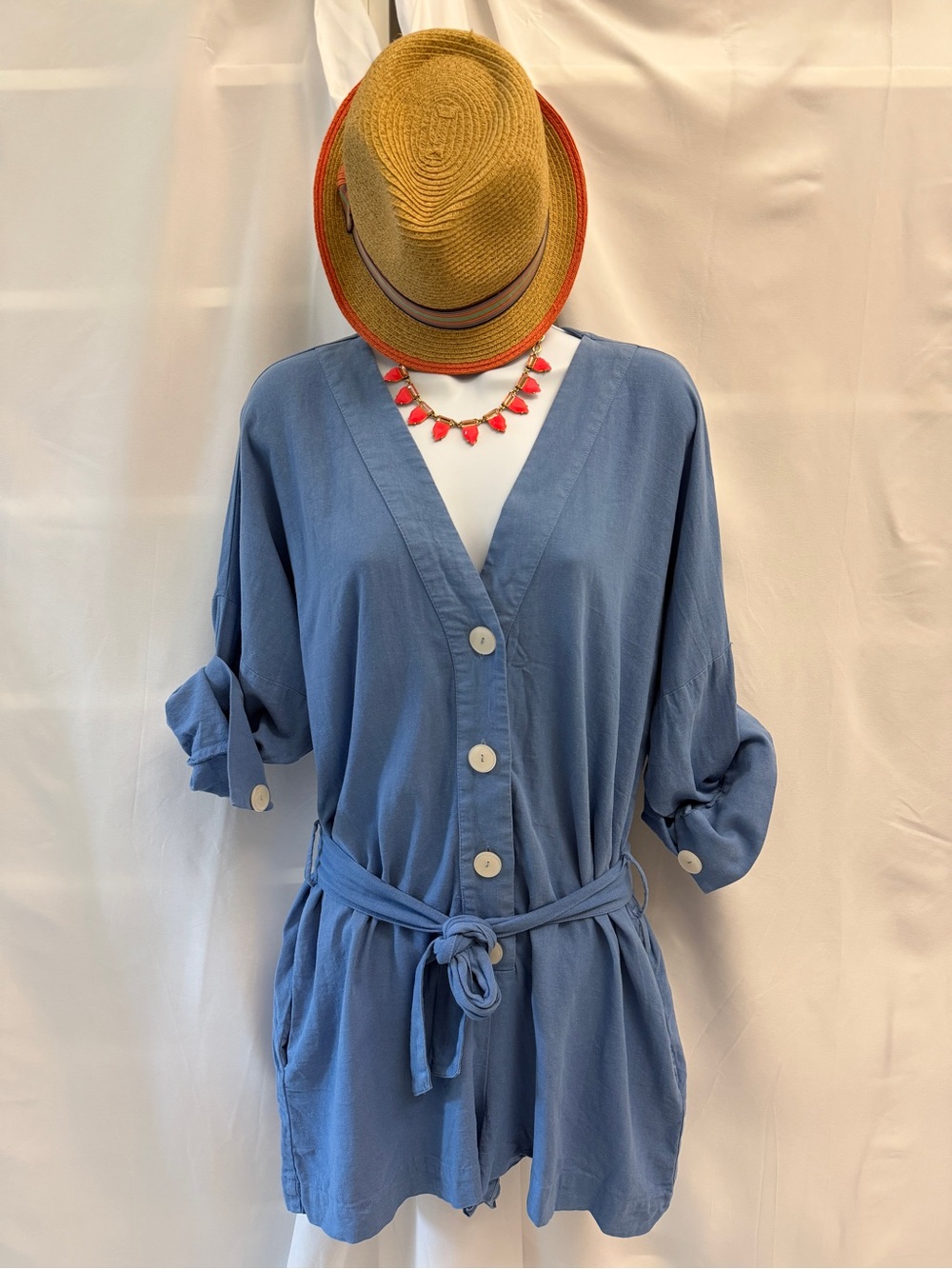 Zara Faded Blue Linen Blend Button Front Romper Tie Waist Long
